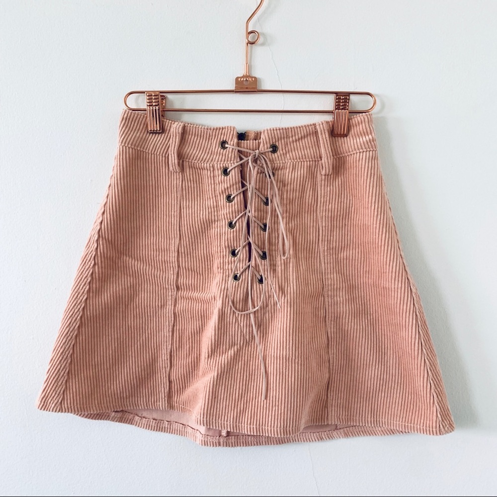 LF Pink Lace Up Corduroy Skirt
